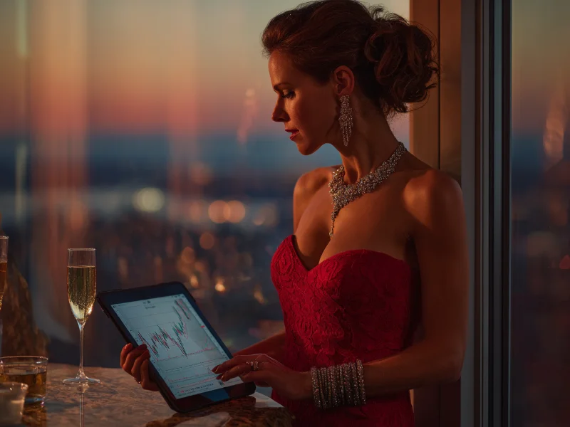 rich woman wearing an expensive red dress holding a tablet with financial overview on screen